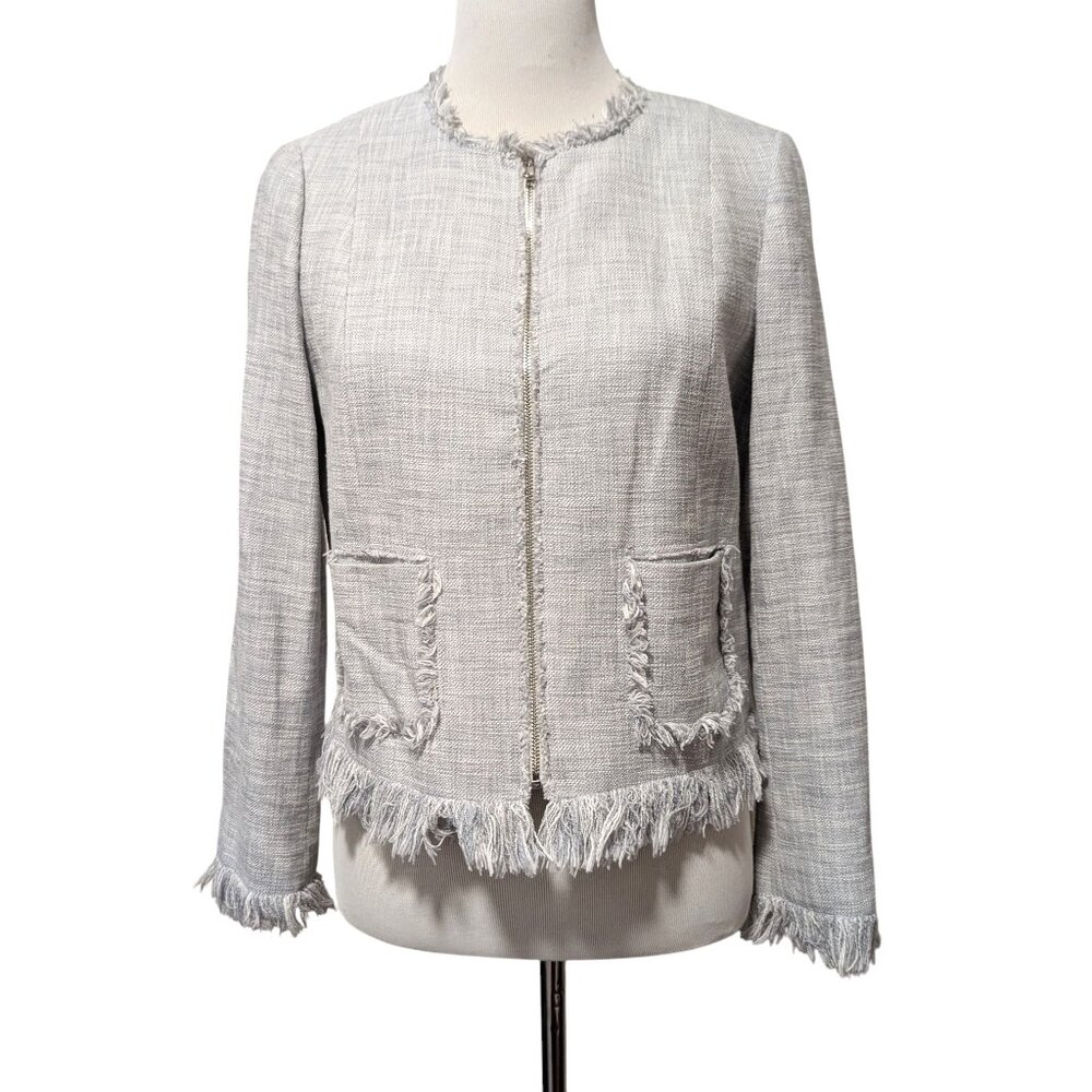 Rebecca Taylor Womens Sz 8 Gray Zip Front Fray Trim Pockets Slub Jacket Blazer